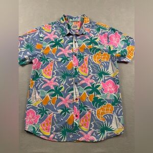 Party Pants Hawaiian Shirt Mens Size Large Floral Short Sleeve Neon 90’s Pizza
